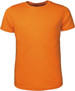 An orange brushed tee shirt with short sleeves, featuring a logo on the upper front.
