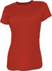 A red ladies' brushed tee shirt with a classic round neck and short sleeves. It features a logo on the front.