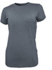 A grey ladies tee shirt with a classic crew neck and short sleeves, featuring a logo.