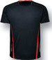 A black sports T-shirt featuring red accents and a logo. Suitable for active wear.