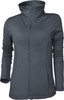 A grey ladies yoga jacket with a high collar and zip closure, featuring long sleeves and a fitted design.