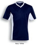 A navy and white unisex adults soccer panel jersey featuring short sleeves and a V-neck design, with a logo.