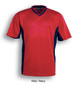 A unisex adults soccer panel jersey in red and navy, featuring a V-neck design and short sleeves.