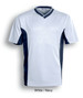 A white and navy kids soccer panel jersey featuring short sleeves and a v-neck design, with a logo on the front.