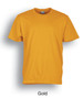 A plain gold unisex adult cotton T-shirt featuring short sleeves and a crew neck, with a brand logo.