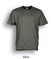 An olive unisex adults plain cotton T-shirt with a round neckline and short sleeves.
