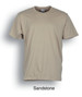 A plain cotton T-shirt in sandstone colour with a round neckline and short sleeves. It features a logo on the label.