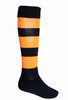 Striped sports socks in orange and black, featuring a knee-high design with a solid black foot.