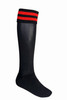 Black sports socks with a red striped cuff, featuring a ribbed design and a logo on the side.