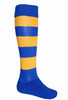 Striped sports socks in blue and yellow, featuring a ribbed top and a snug fit. The design includes horizontal stripes.