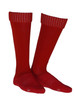 Red sports socks with a ribbed cuff, featuring a logo on the ankle area. Ideal for athletic wear.