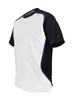 A unisex adults sublimated sports tee shirt featuring a white front, black sleeves, and a blue trim. It has a logo.