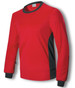 A long-sleeved kids' goal keeper jersey in red with black accents and a round neckline, featuring a logo.