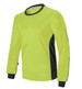 A long-sleeved kids' goalkeeper jersey in bright lime green with black side panels and a round neckline.