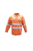 An orange long-sleeve cotton drill shirt with reflective tape, featuring a collar and buttons, and has branding.