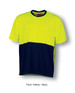 A hi-vis safety tee featuring fluro yellow and navy colours, with a logo on the shirt.