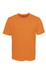 An orange unisex round neck t-shirt with short sleeves, featuring a logo on the label.