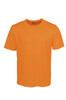 An orange plain round neck T-shirt with short sleeves and a logo. Ideal for casual wear.