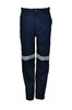Unisex adult cotton drill work pants in navy blue with reflective tape accents. Features a logo on the waistband.