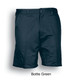 Bottle green unisex cotton drill work shorts with a front button and pockets, featuring a logo.