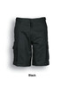 Black unisex adults' cotton drill cargo shorts featuring multiple pockets and a belt loop, with a logo present.