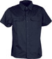 A navy cotton drill short-sleeve work shirt with two front pockets and a logo. Suitable for unisex adults.