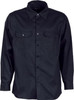A black unisex long-sleeve cotton drill work shirt featuring a button-up front and chest pockets.