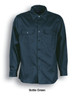 A bottle green unisex long sleeve cotton drill work shirt with two chest pockets and a branded tag.