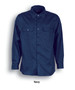Navy unisex cotton drill work shirt with long sleeves and two chest pockets, featuring a logo.
