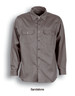 A long-sleeve unisex cotton drill work shirt in sandstone with buttoned chest pockets and a logo.