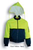 Hi-Vis flying jacket in fluro yellow and navy, featuring a lined design and a detachable hood. Includes a branding logo.