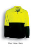 A high-visibility half-zip fleece jumper in fluro yellow and black, featuring pockets and a logo.