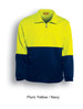 A fluro yellow and navy unisex half-zip fleece jumper with side pockets and elasticated cuffs.