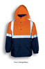 A fluro orange and navy unisex jacket with reflective tape and a hood, featuring a logo on the front.