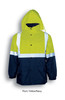 A unisex hi-vis polar fleece lined jacket in fluro yellow and navy, featuring reflective tape and a hood.