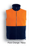 A fluro orange and navy polar fleece vest with a zip front and high neck, featuring a logo.