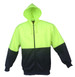 A hi-vis full zip hoodie in fluorescent yellow and navy blue, featuring a front zipper and a hood.