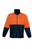 A unisex hi-vis fleece jacket in bright orange and navy, featuring a full zip and two side pockets.
