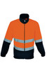 A unisex hi-vis polar fleece jacket in bright orange with reflective tape and navy sleeves. Features a full zipper and collar.