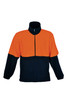 A hi-vis 1/2 zip polar fleece in orange and navy, featuring a branding logo and pockets.