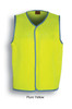 A high-visibility safety vest in fluro yellow with blue trim, featuring a simple sleeveless design and a logo.