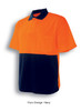 A short-sleeved polo shirt in fluro orange and navy, featuring a pocket and a logo.