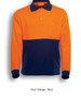 A fluro orange and navy long-sleeve polo shirt with a pocket and a logo on the chest.
