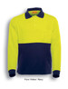A long-sleeve polo shirt featuring fluro yellow and navy colours, with a pocket and a logo.