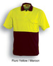 A short sleeve polo shirt in fluro yellow with maroon accents and a pocket, featuring a logo.