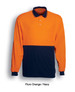 A long-sleeved polo shirt in fluro orange and navy with a pocket and a logo on the chest.