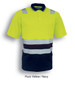Fluro yellow and navy unisex polo shirt with reflective tape and a pocket, featuring a logo.