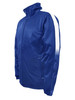 A blue unisex track jacket with a white stripe and textured design, featuring a zip and two side pockets.