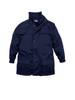 A navy blue kids' outer jacket featuring snap buttons, a zip closure, and multiple pockets. It has a logo on the chest.