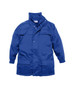 A blue kids' outer jacket with long sleeves, featuring a front button closure and two pockets. It has a logo.